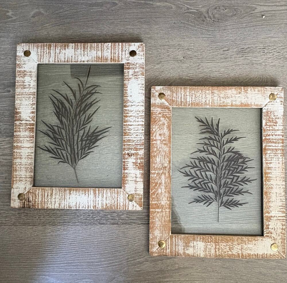 Wooden Fern Pressed Leaf Wall Art White Washed Rustic Botanical Cottagecore